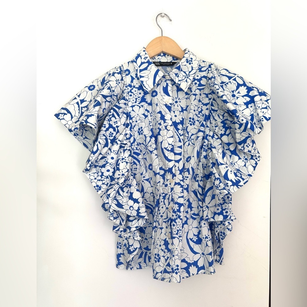 Zara Floral Printed Poplin Flutter Statement Sleeves Top Size xSmall - Picture 7 of 11
